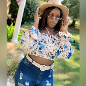 SHEIN SXY Allover Floral Print Off Shoulder Tie Front Ruffle Trim Blouse